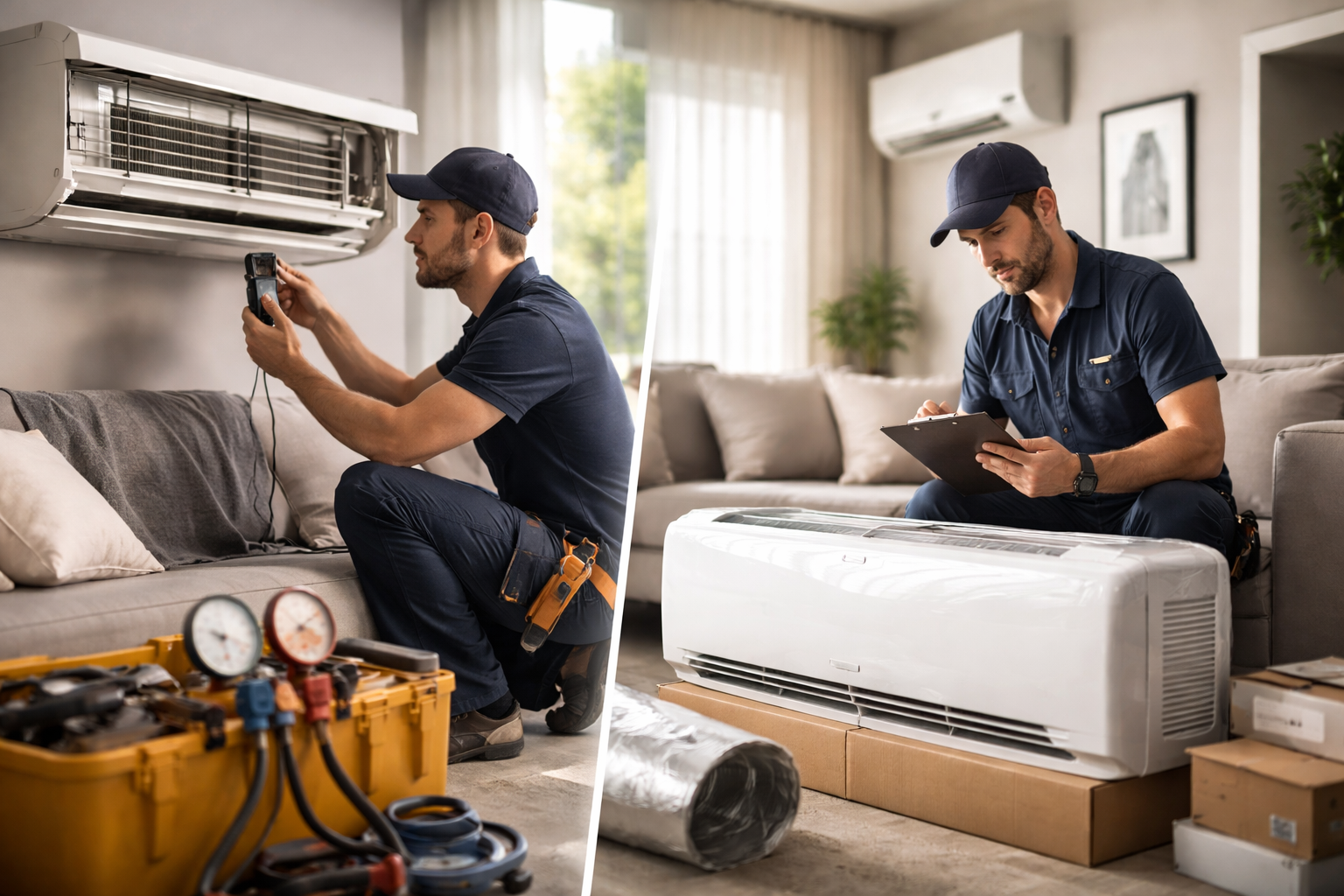 Split screen of an HVAC technician diagnosing an AC unit and reviewing a checklist next to a new unit box