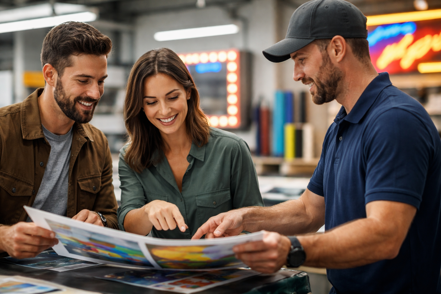 A smiling woman in a green shirt pointing at a large colorful design printout shared with a smiling man in a brown overshirt and a worker in a navy blue polo shirt and black cap, standing around a table in a bright workshop featuring glowing neon signs and rolls of materials in the background.