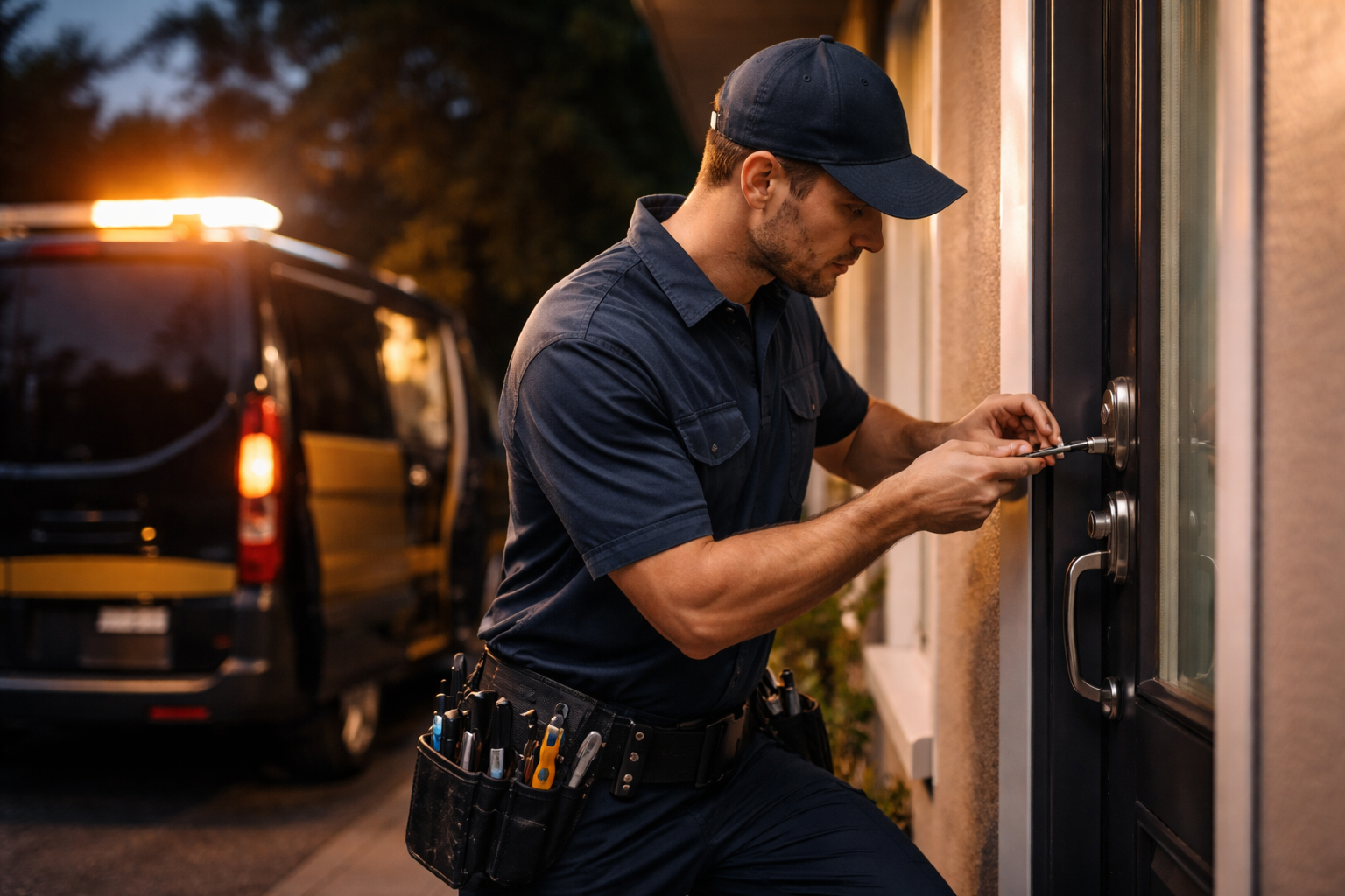 Professional locksmith picking a residential front door lock at night with an emergency mobile work van flashing yellow safety lights in the background