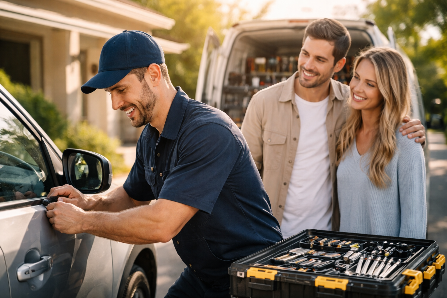 A professional locksmith in a tool belt and cap smiles while repairing a door lock for a couple
