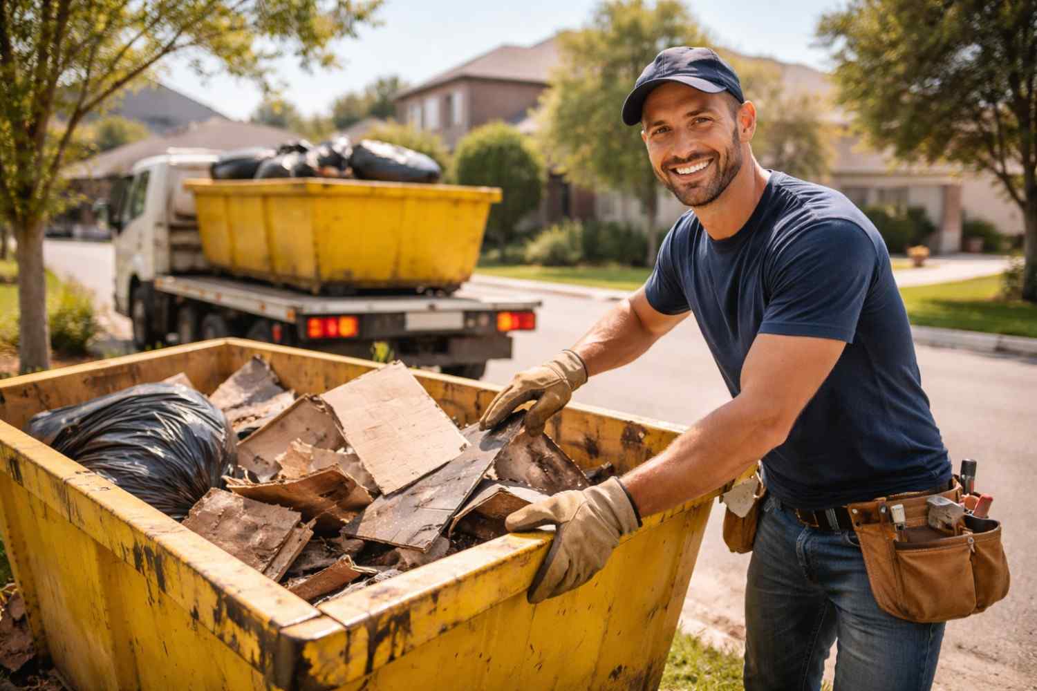 A smiling worker wearing a dark blue t-shirt, cap, and a leather toolbelt leans against a large yellow dumpster filled with wood scraps and trash bags, with a white truck carrying a second yellow dumpster parked on the sunny residential street behind him.