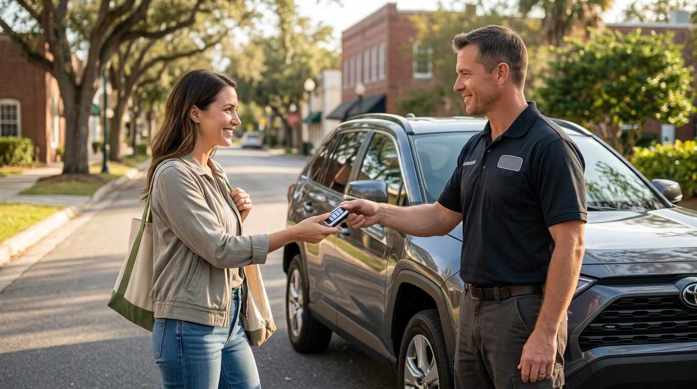 Locksmith handing car key fob to smiling customer beside parked SUV on residential street.