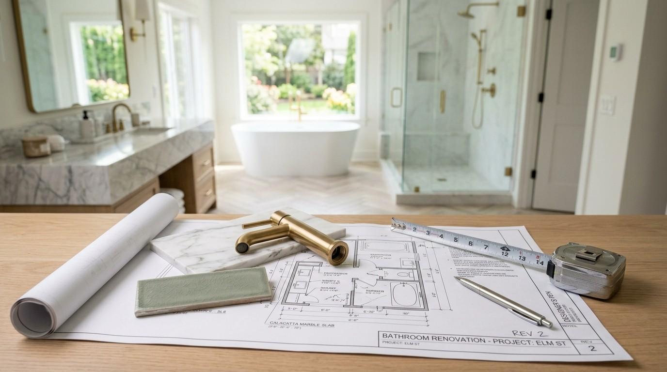 General contractor reviewing construction plans and a 3D home design model on a tablet at a residential building site.