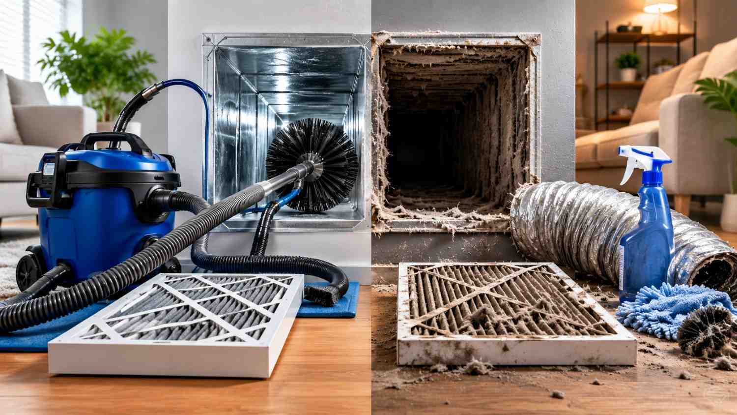 Before and after professional air duct cleaning comparison.