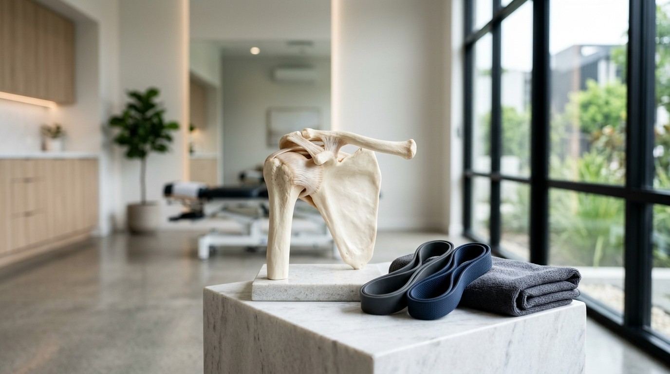 Shoulder anatomy model displayed with resistance bands and a folded towel in a modern chiropractic treatment room.